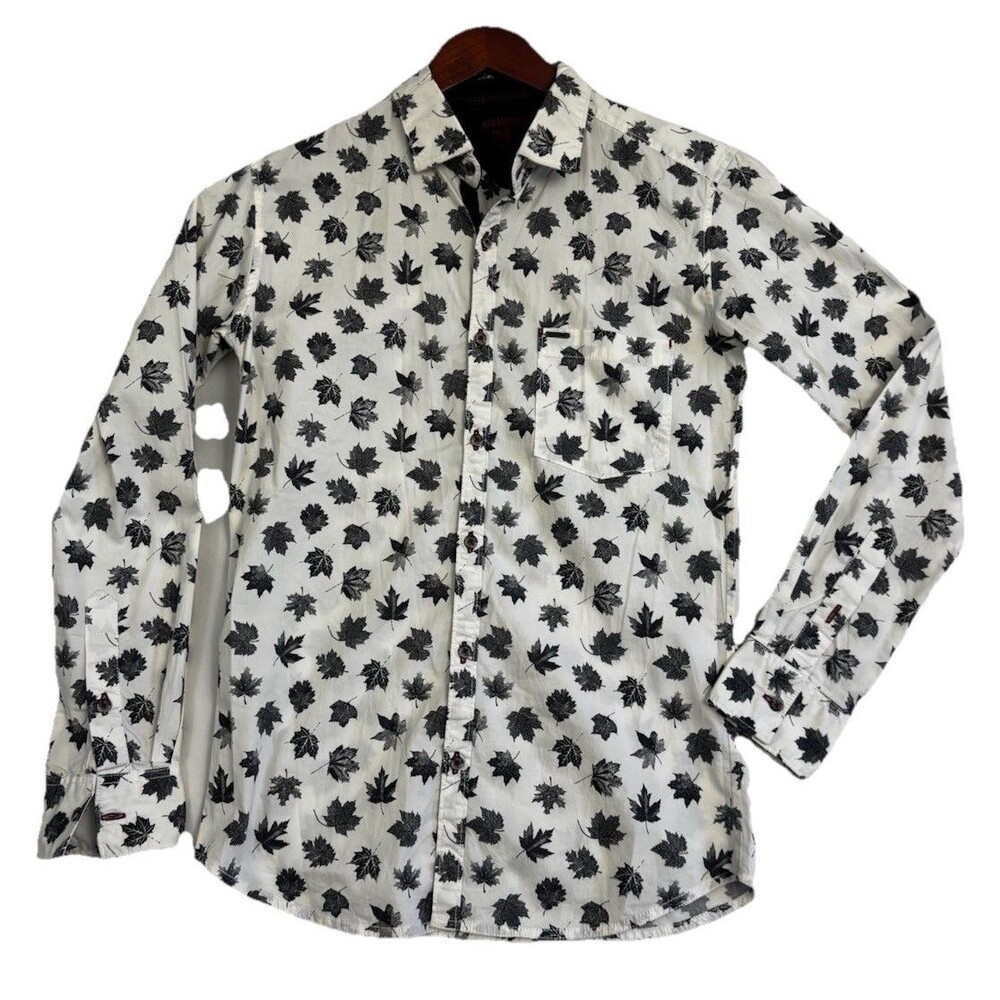 Urban Touch White Black Leaf Print Button Up Shirt Mens Medium Long Sleeve